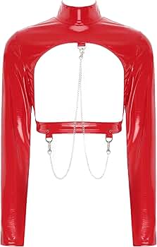 Linjinx Women's Patent Leather Long Sleeve Fitted Tee Shirt
